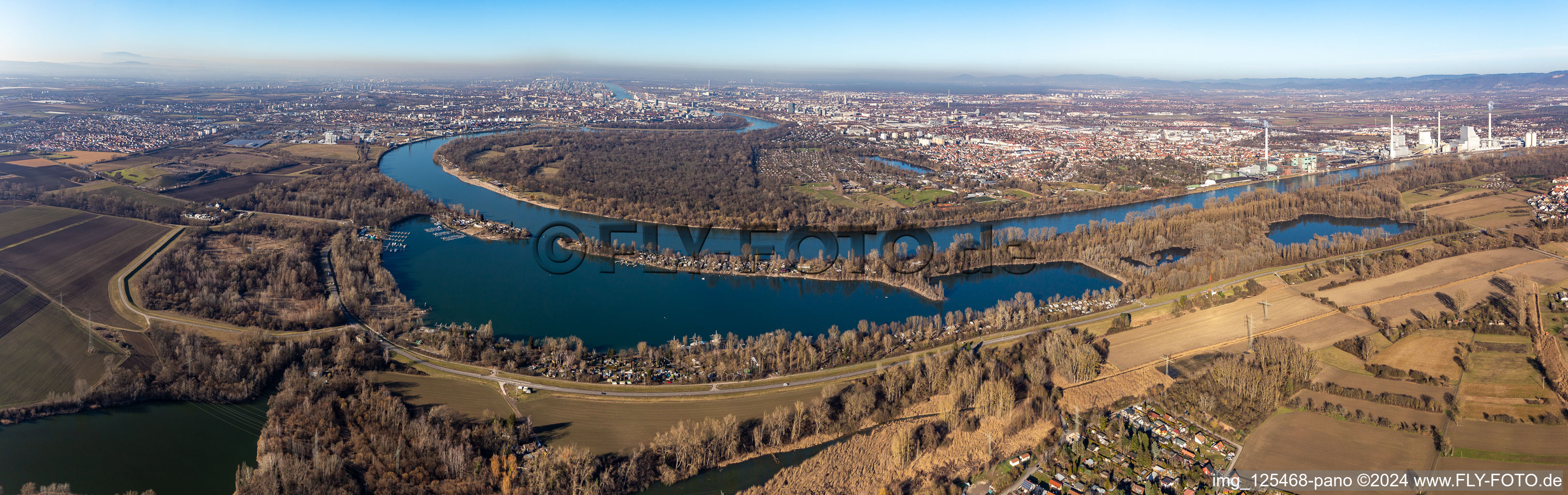 Vue aérienne de Perspective panoramique de la boucle des berges autour du Reißinsel près de Neckarau sur le Rhin - cours fluvial à le quartier Niederfeld in Mannheim dans le département Bade-Wurtemberg, Allemagne