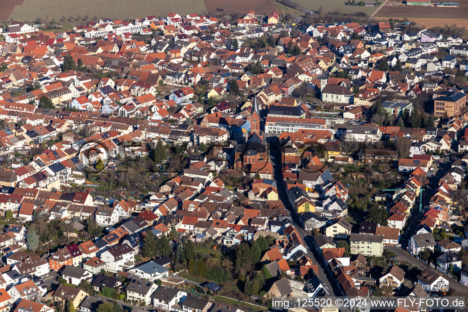 Vue aérienne de Catholique Église Saint-Martin à Schwetzingen dans le département Bade-Wurtemberg, Allemagne