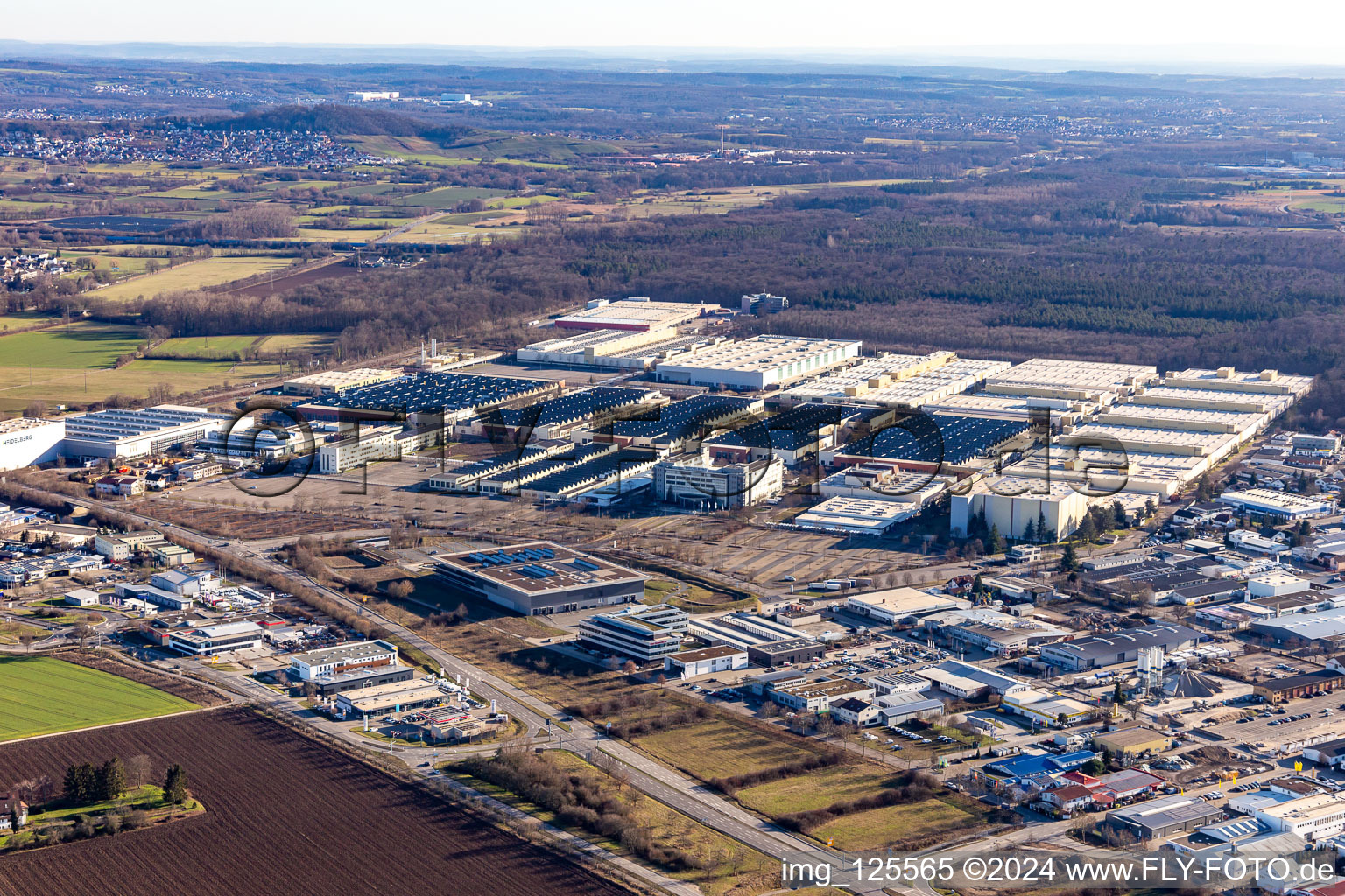 Vue aérienne de Sites de l'usine Heidelberger Druckmaschinen AG à le quartier Frauenweiler in Wiesloch dans le département Bade-Wurtemberg, Allemagne