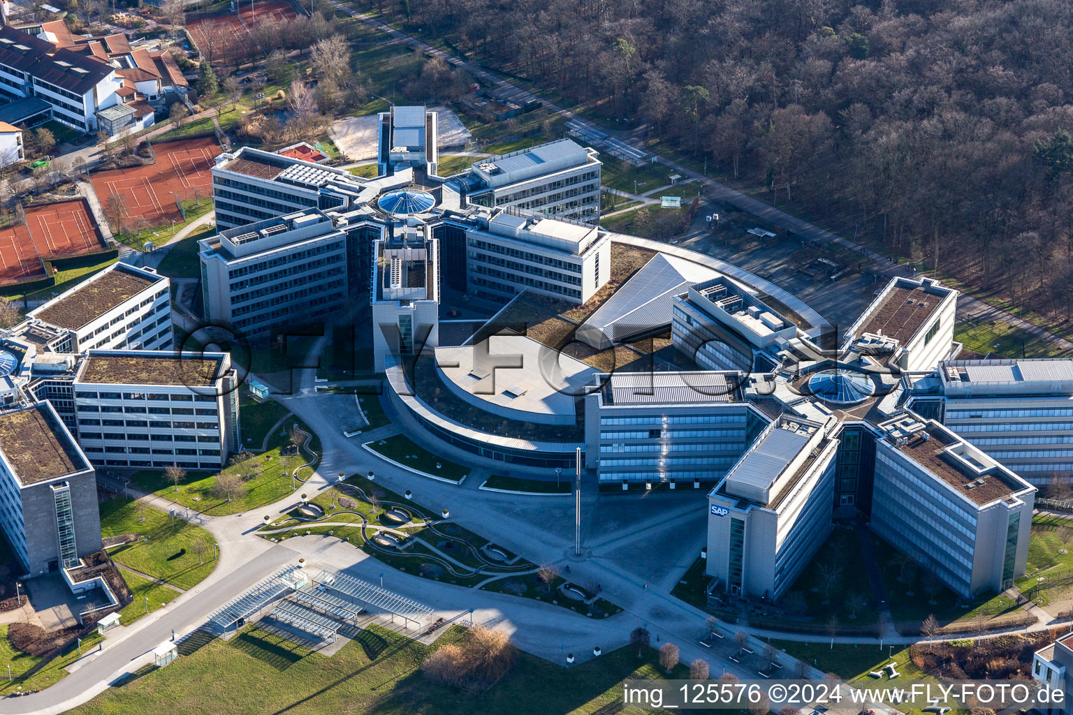 Vue oblique de Immeubles de bureaux et commerciaux en forme d'étoile de SAP Deutschland SE & Co. KG en lisière de forêt à Walldorf dans le département Bade-Wurtemberg, Allemagne