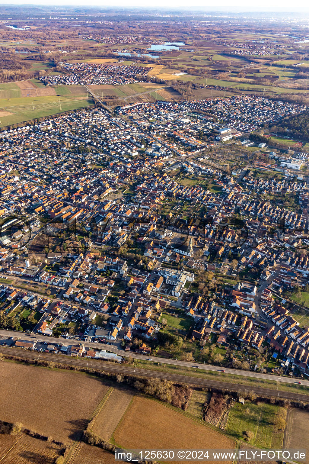 Vue aérienne de Vue des rues et des maisons des quartiers résidentiels à Rülzheim dans le département Rhénanie-Palatinat, Allemagne