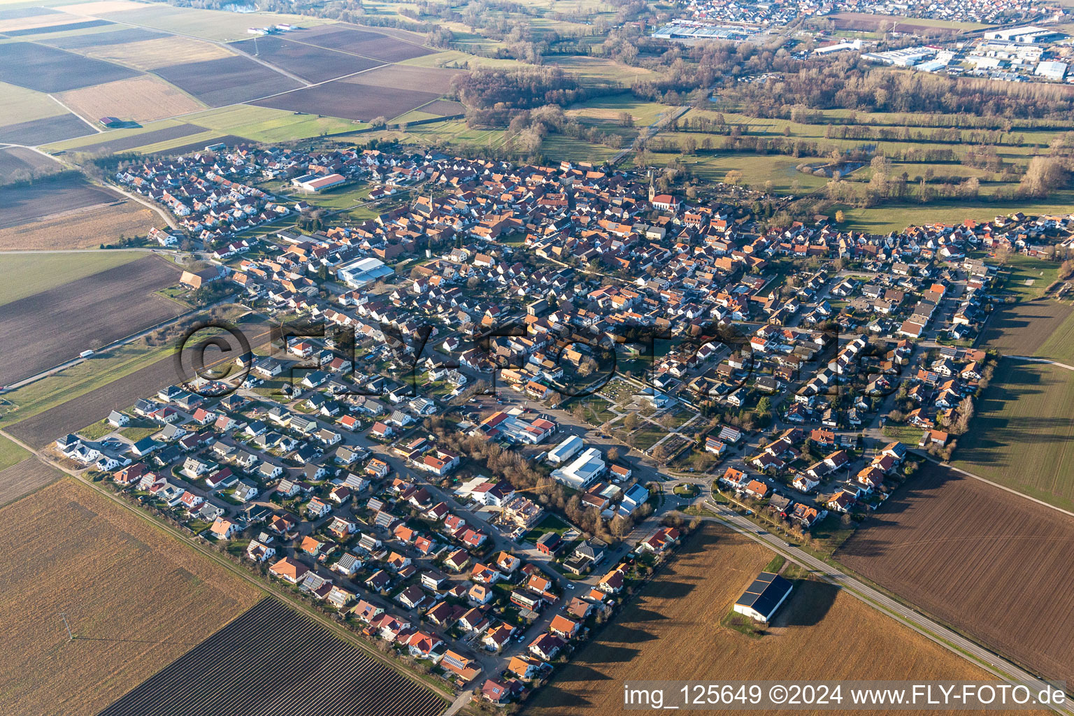 Vue aérienne de Vue des rues et des maisons des quartiers résidentiels à Steinweiler dans le département Rhénanie-Palatinat, Allemagne