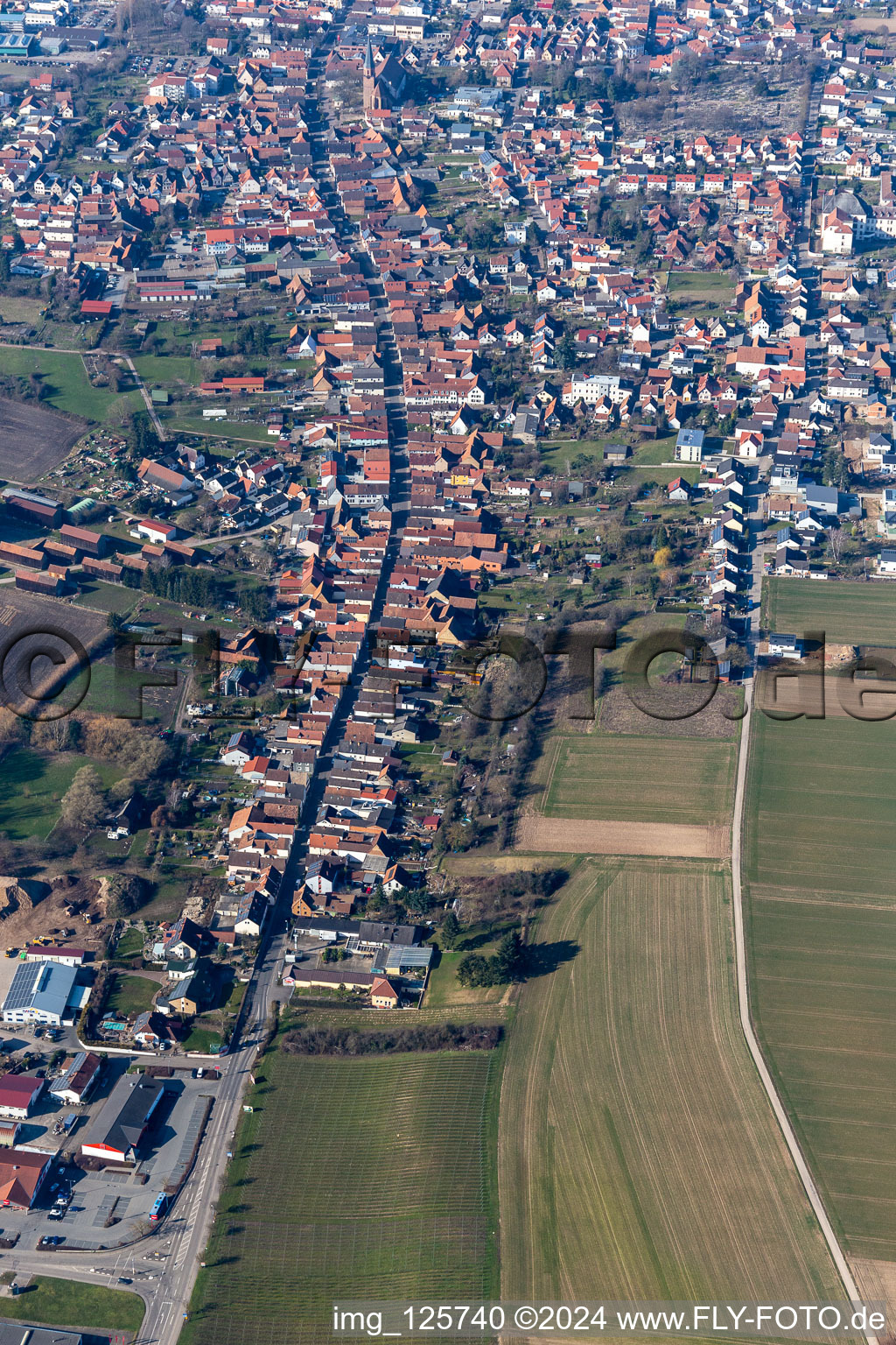 Vue aérienne de Rue principale inférieure à le quartier Herxheim in Herxheim bei Landau dans le département Rhénanie-Palatinat, Allemagne