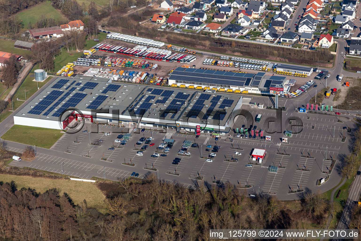 Vue aérienne de Zone commerciale sud avec le vendeur Engel & Engel GmbH DHL-Parcel-Transporter, Südpfalz Center, Wasgau Frischemarkt Rohrbach et MODEPARK RÖTHER à Rohrbach dans le département Rhénanie-Palatinat, Allemagne