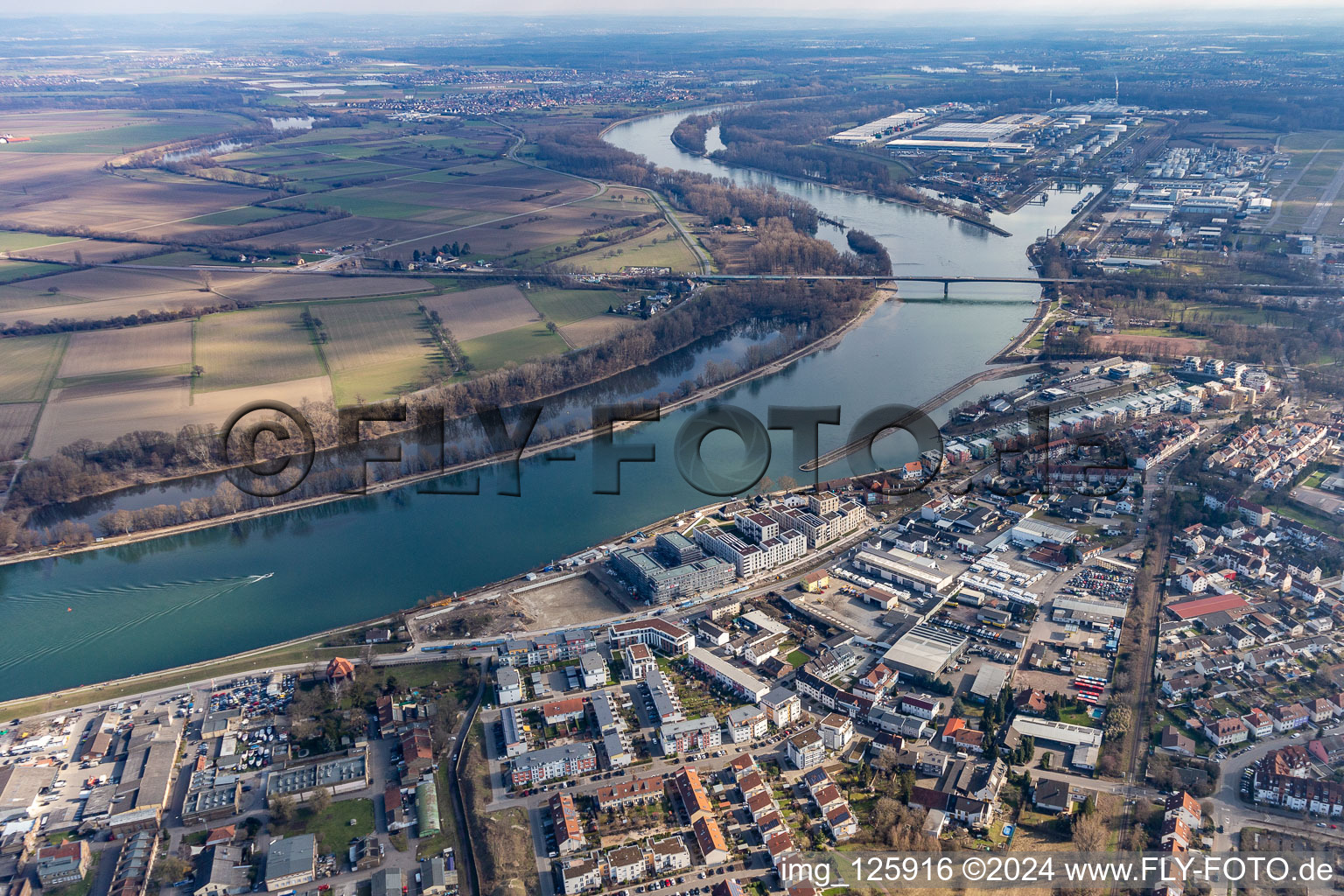 Vue aérienne de Chantier du complexe résidentiel de l'ancienne briqueterie au bord du Rhin à Speyer dans le département Rhénanie-Palatinat, Allemagne