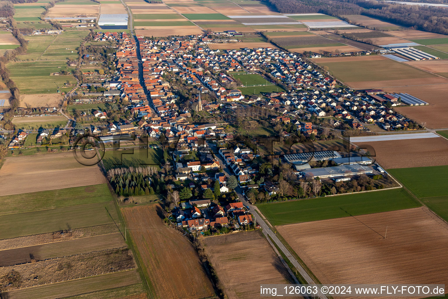 Vue aérienne de Vue sur la commune en bordure de champs agricoles et de zones agricoles à Gommersheim dans le département Rhénanie-Palatinat, Allemagne