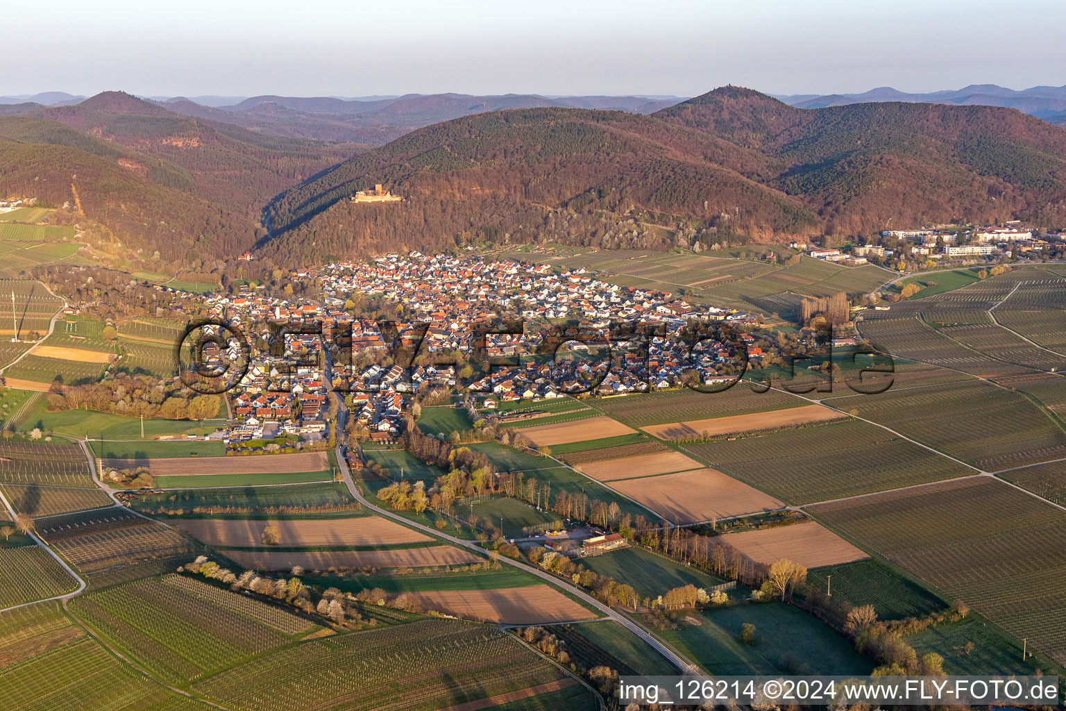 Vue aérienne de Klingbachtal en fleurs printanières sur le Haardtrand de la forêt du Palatinat à Klingenmünster dans le département Rhénanie-Palatinat, Allemagne