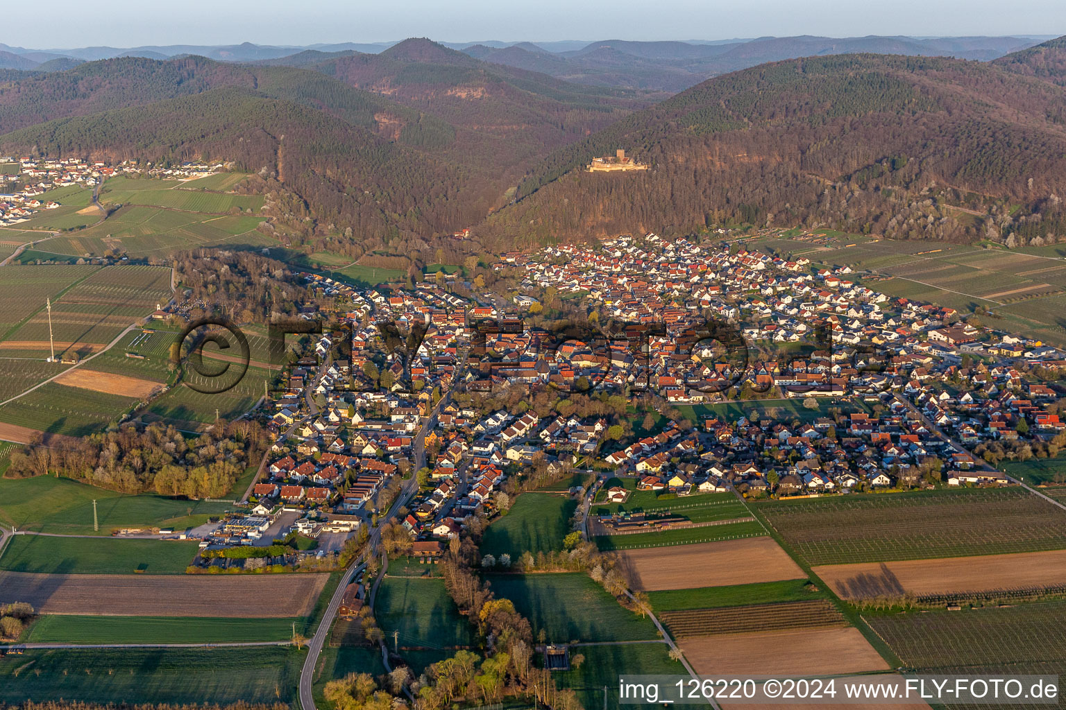 Vue aérienne de Dans la lumière du matin à Klingenmünster dans le département Rhénanie-Palatinat, Allemagne