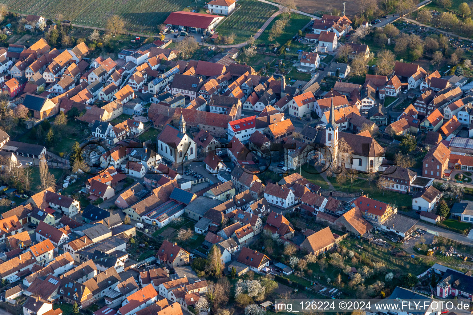 Vue aérienne de Églises à Göcklingen dans le département Rhénanie-Palatinat, Allemagne