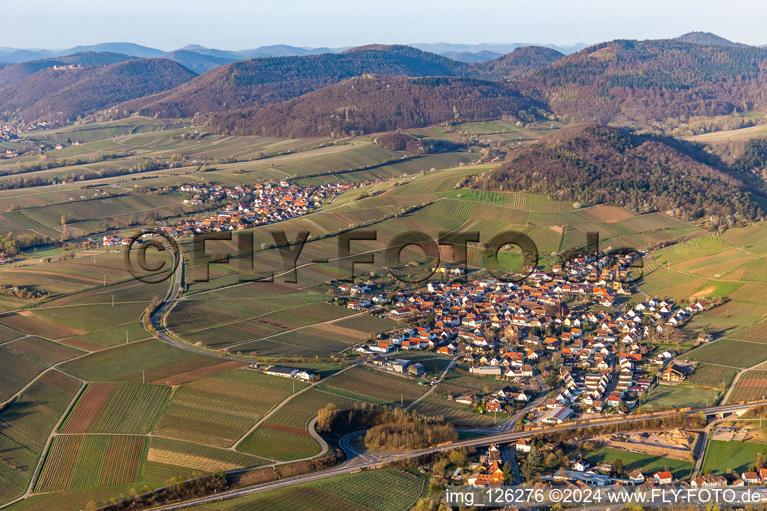 Vue aérienne de Complexe immobilier de l'Institut Julius Kühn Rebforschungsanstalt Geilweilerhof avec amandiers en fleurs à Siebeldingen à Birkweiler dans le département Rhénanie-Palatinat, Allemagne