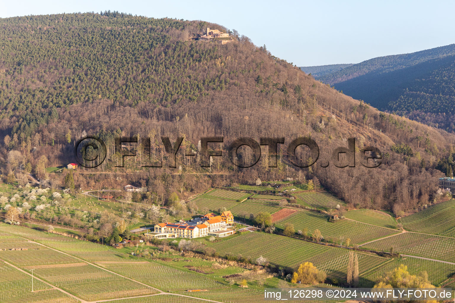 Vue aérienne de Hôtel de bien-être Alte Rebschule avec Gasthaus Sesel sous le Riedburg à le quartier Rhodt in Rhodt unter Rietburg dans le département Rhénanie-Palatinat, Allemagne