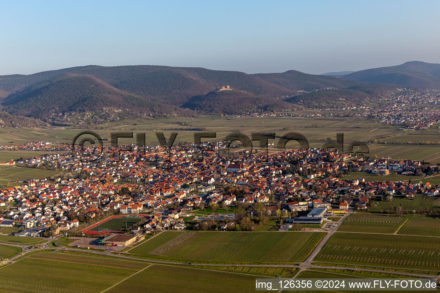 Vue aérienne de La plaine du Rhin à Edenkoben, entourée par le Haardtrand de la forêt palatine à le quartier Alsterweiler in Maikammer dans le département Rhénanie-Palatinat, Allemagne