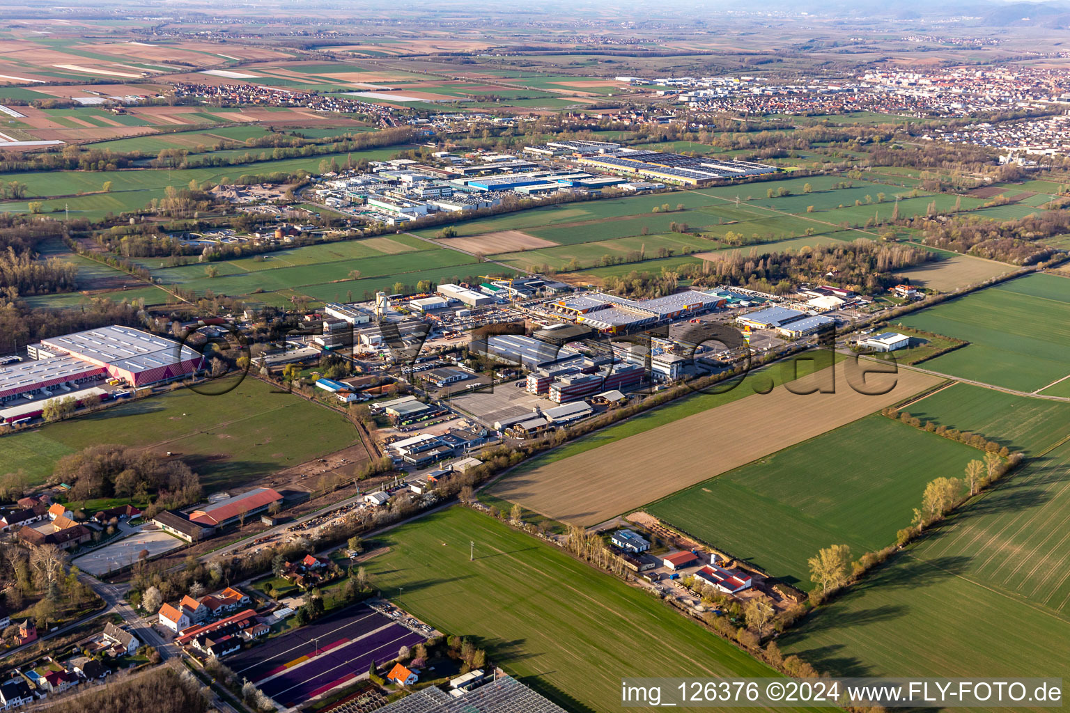 Vue aérienne de Zone industrielle Bornheim avec quincaillerie Hornbach à Bornheim dans le département Rhénanie-Palatinat, Allemagne