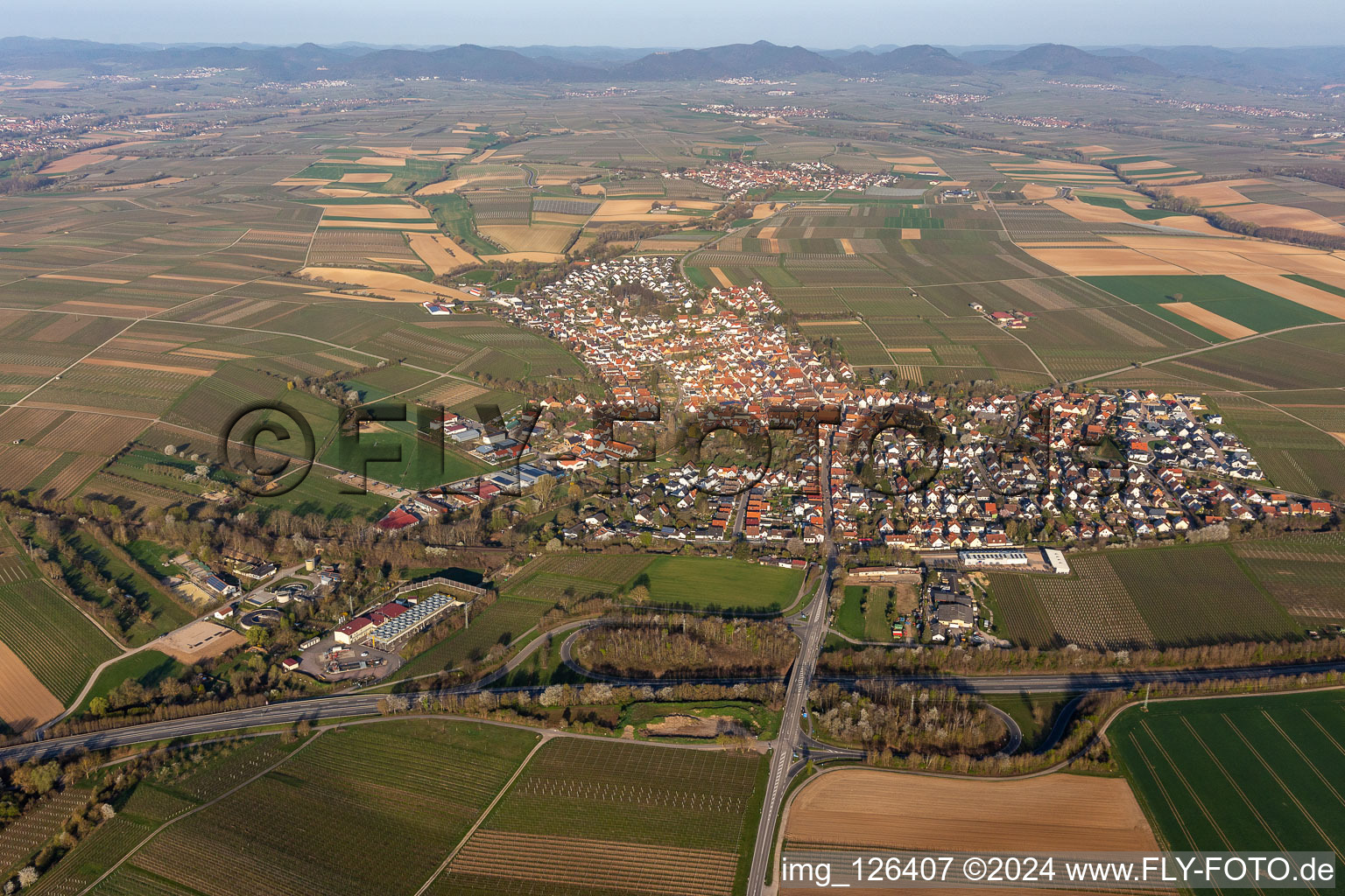 Vue aérienne de Vue sur le village à Insheim dans le département Rhénanie-Palatinat, Allemagne