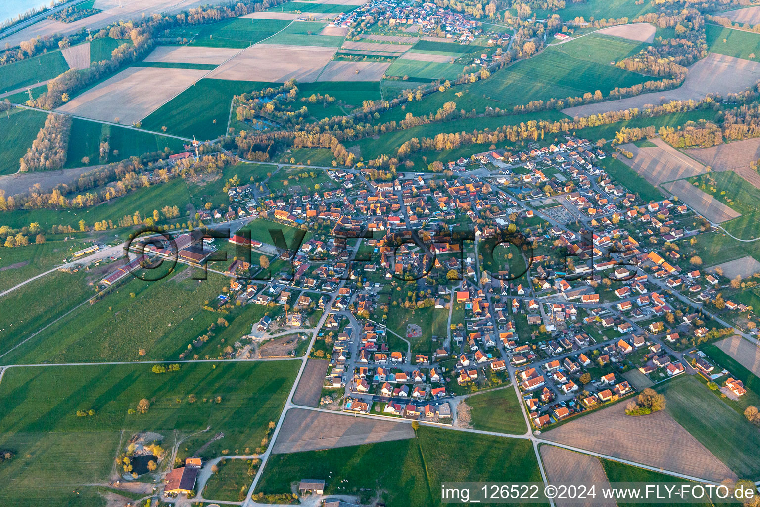 Vue aérienne de Champs agricoles et surfaces utilisables à Forstfeld dans le département Bas Rhin, France