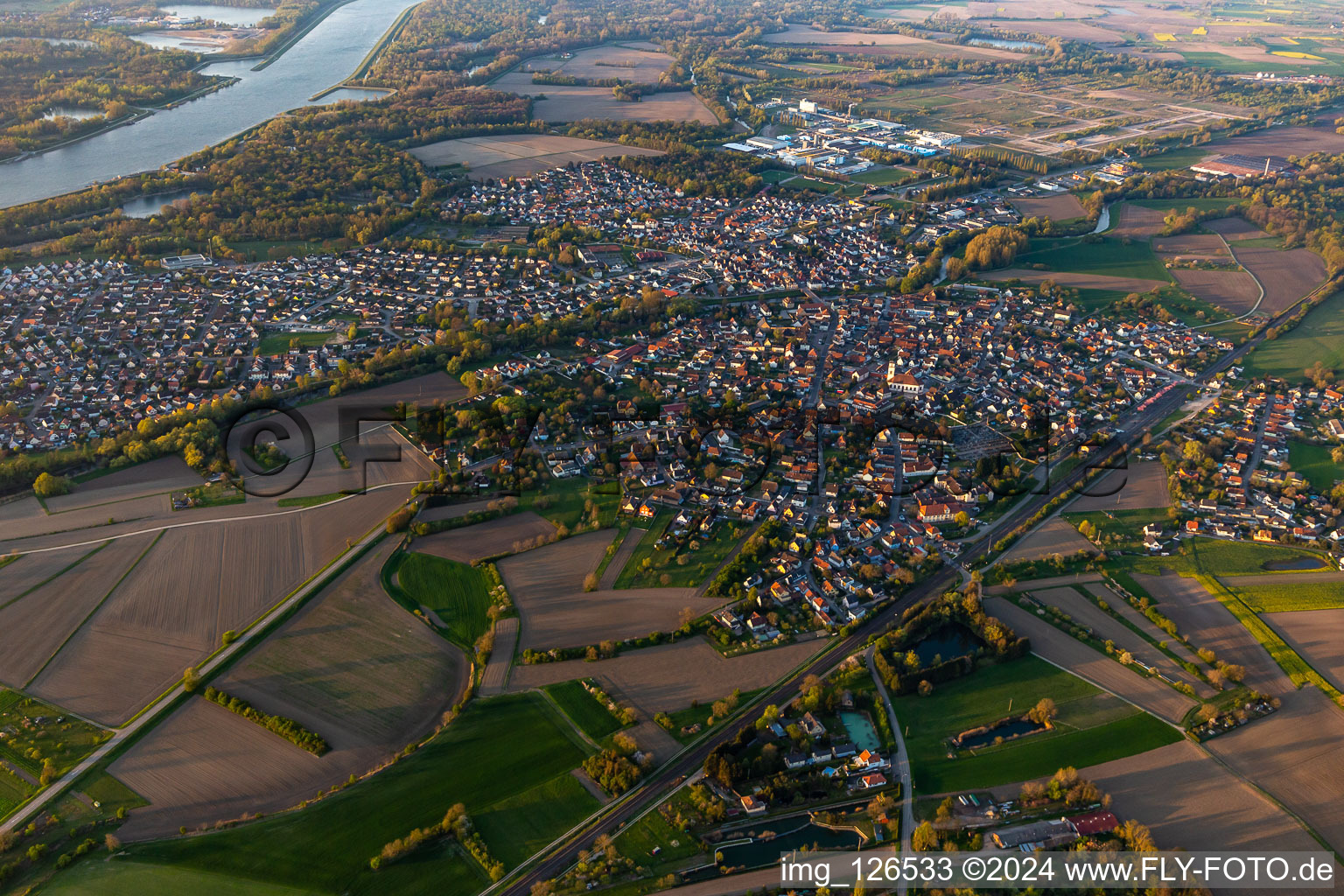 Vue aérienne de Vue des rues et des maisons des quartiers résidentiels à Drusenheim dans le département Bas Rhin, France