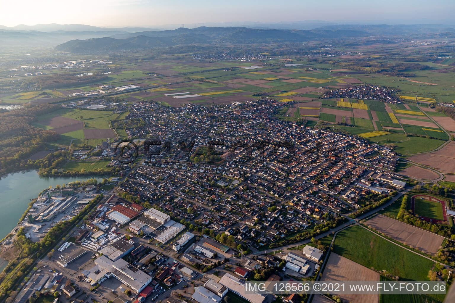 Vue aérienne de Vue des rues et des maisons des quartiers résidentiels à Schutterwald dans le département Bade-Wurtemberg, Allemagne