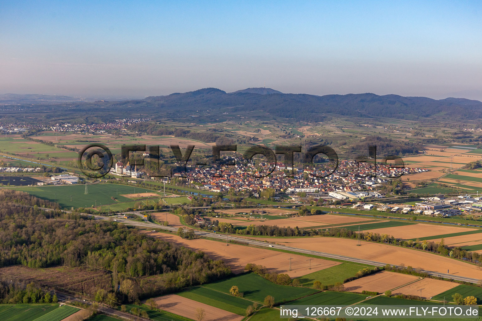 Vue aérienne de Vue des rues et des maisons des quartiers résidentiels à Riegel am Kaiserstuhl dans le département Bade-Wurtemberg, Allemagne