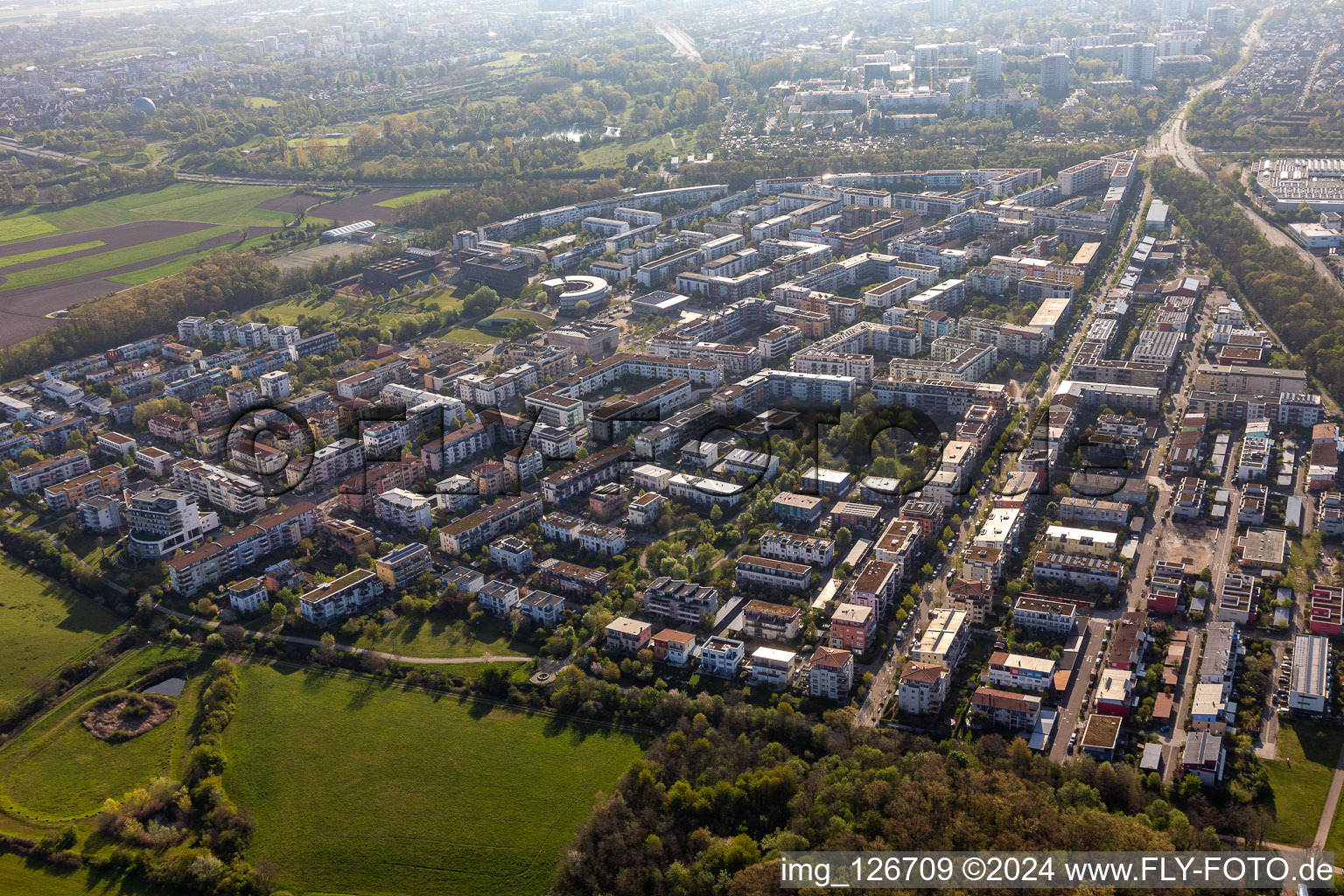 Vue aérienne de Périphéries et zones résidentielles périphériques à le quartier Rieselfeld in Freiburg im Breisgau dans le département Bade-Wurtemberg, Allemagne