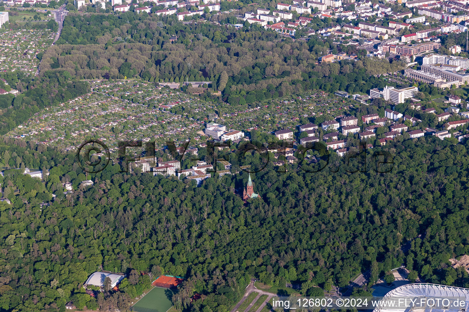 Vue aérienne de Association des jardins familiaux Hagsfelder Allee eV à le quartier Oststadt in Karlsruhe dans le département Bade-Wurtemberg, Allemagne