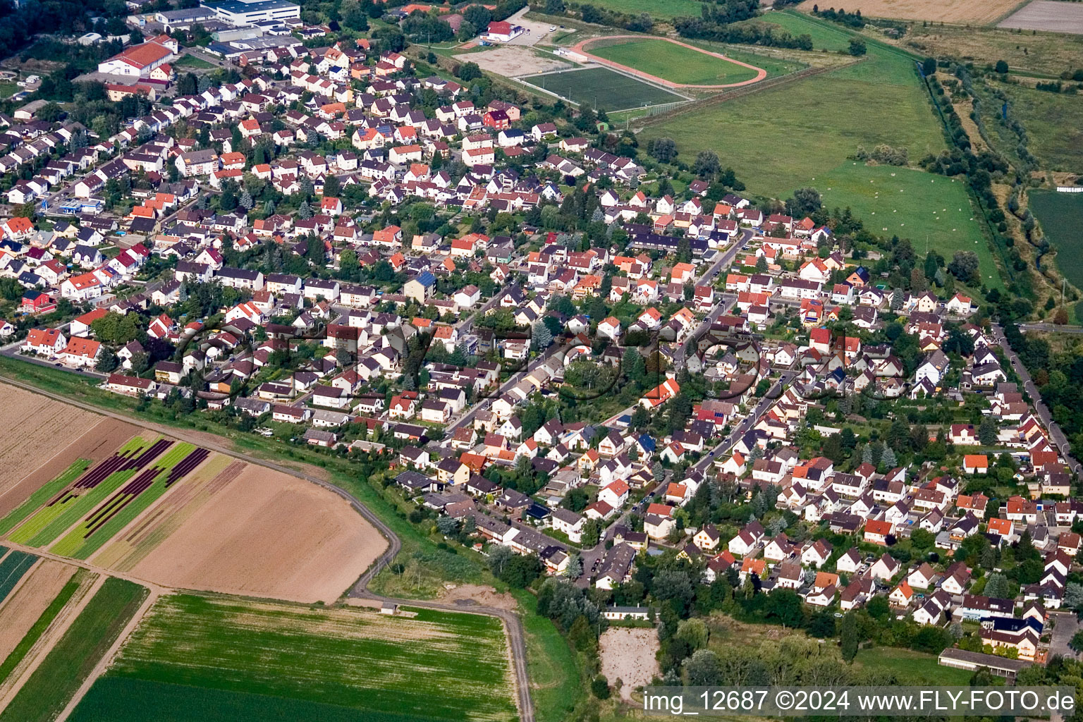 Vue aérienne de Vue des rues et des maisons des quartiers résidentiels à Lambsheim dans le département Rhénanie-Palatinat, Allemagne