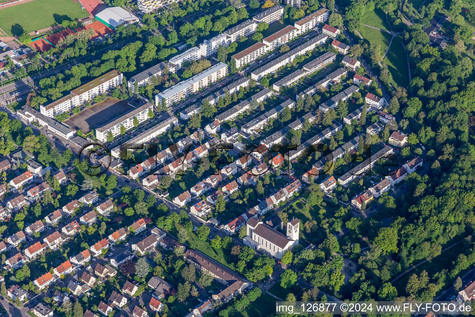 Vue aérienne de Dammerstock à le quartier Weiherfeld-Dammerstock in Karlsruhe dans le département Bade-Wurtemberg, Allemagne