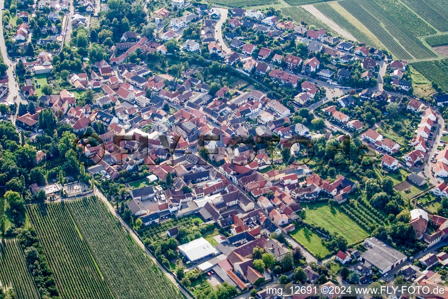 Vue aérienne de Vue des rues et des maisons des quartiers résidentiels à Großkarlbach dans le département Rhénanie-Palatinat, Allemagne