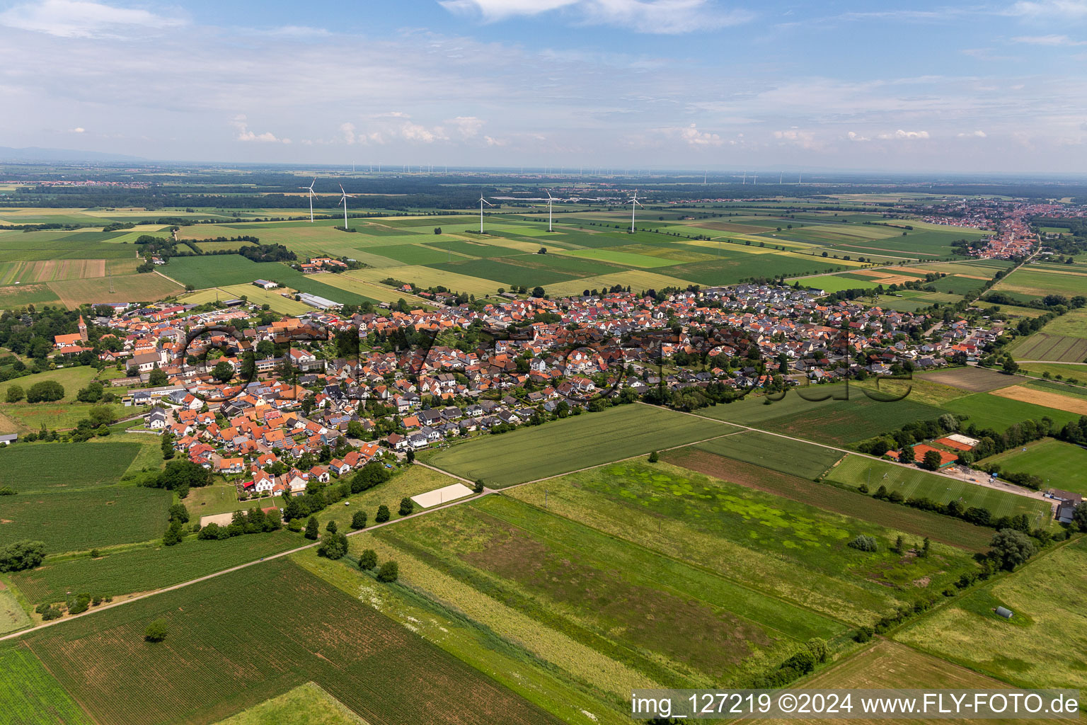 Vue aérienne de Vue sur la commune en bordure de champs agricoles et de zones agricoles à Minfeld dans le département Rhénanie-Palatinat, Allemagne