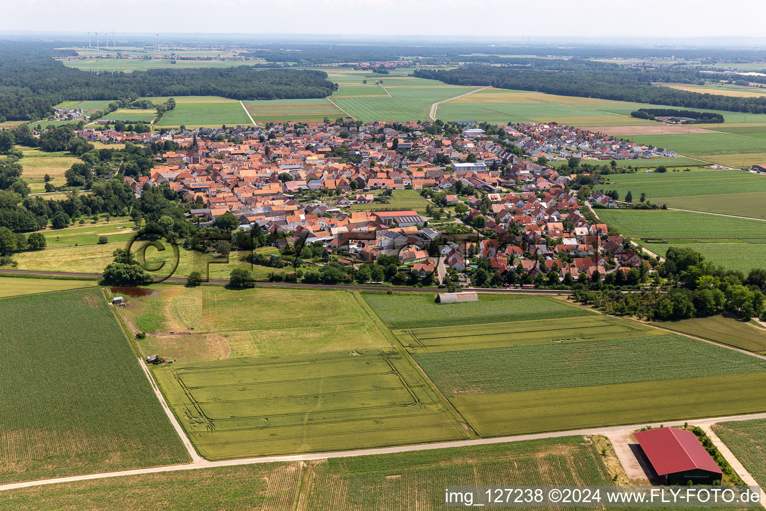 Vue aérienne de Vue sur la commune en bordure de champs agricoles et de zones agricoles à Steinweiler dans le département Rhénanie-Palatinat, Allemagne