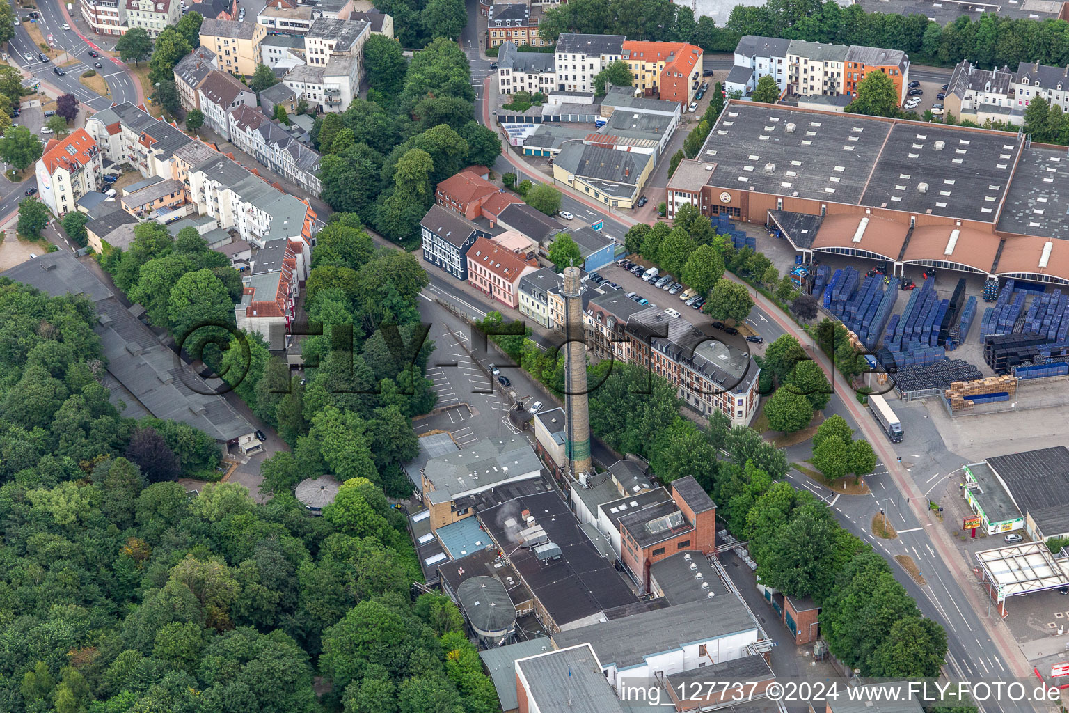 Vue aérienne de Brasserie de Flensburg Emil Petersen GmbH & Co. KG à le quartier Rude in Flensburg dans le département Schleswig-Holstein, Allemagne