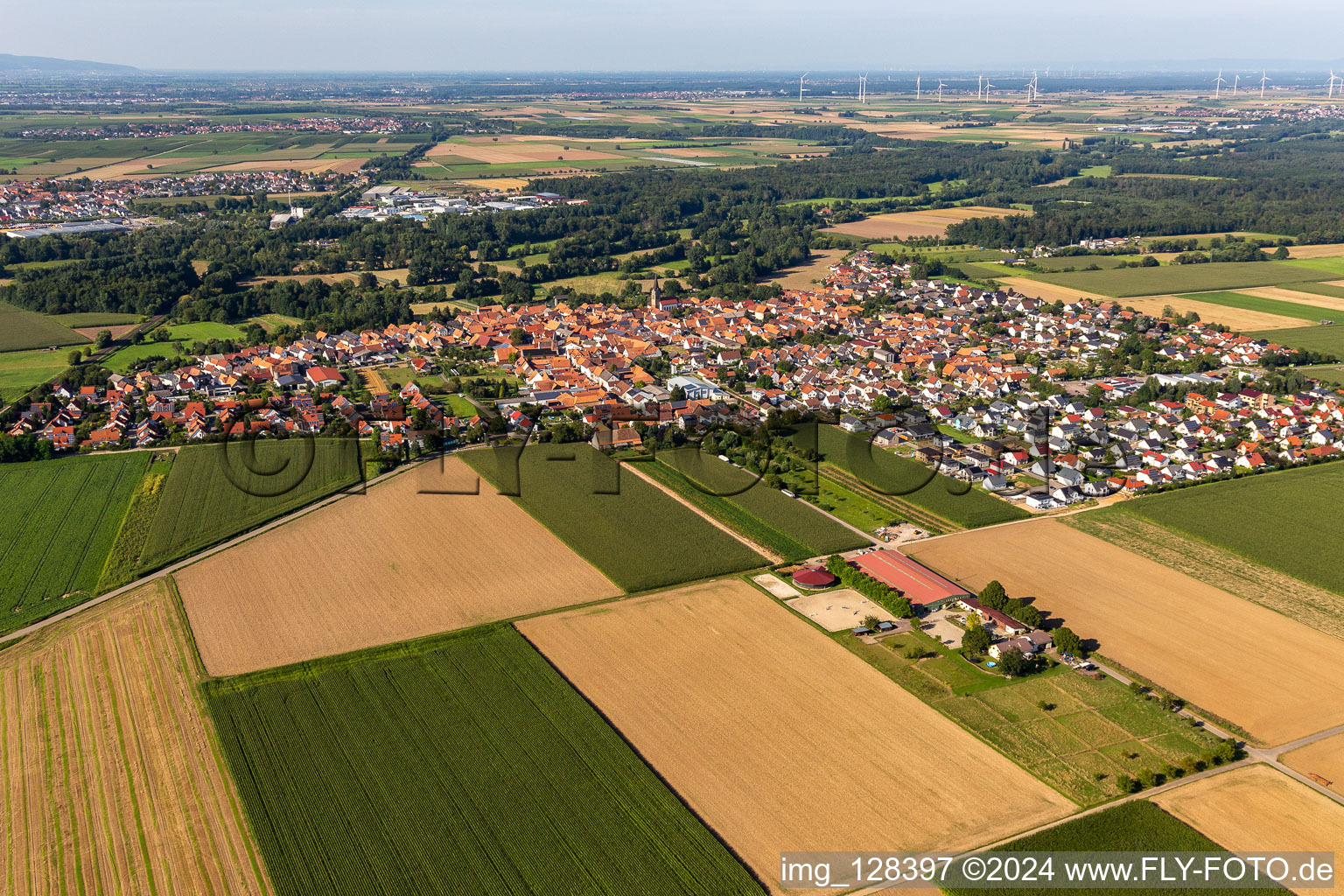 Vue aérienne de Vue sur la commune en bordure de champs agricoles et de zones agricoles à Steinweiler dans le département Rhénanie-Palatinat, Allemagne