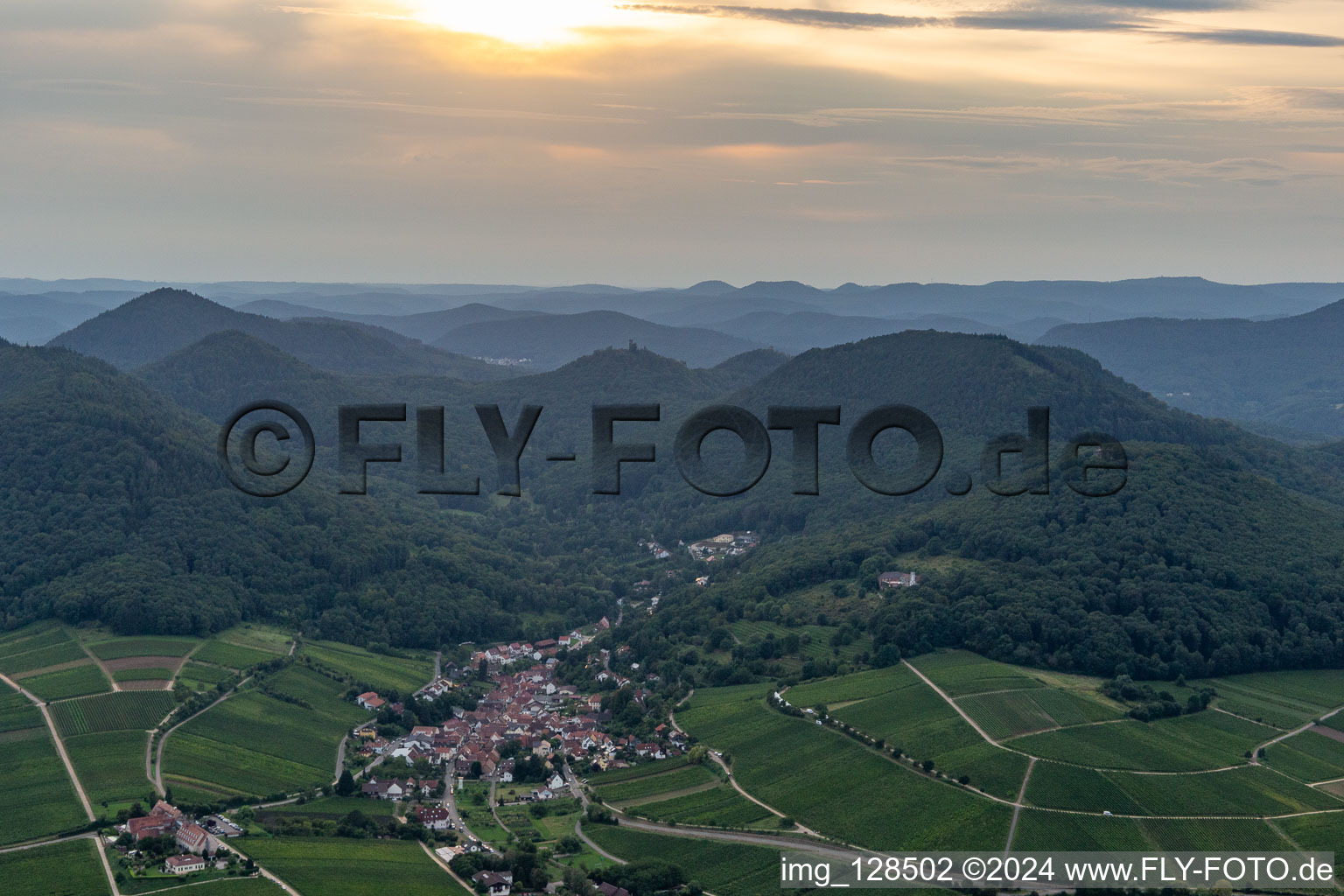 Vue aérienne de Vignoble et paysage viticole des terroirs viticoles à Leinsweiler dans le département Rhénanie-Palatinat, Allemagne