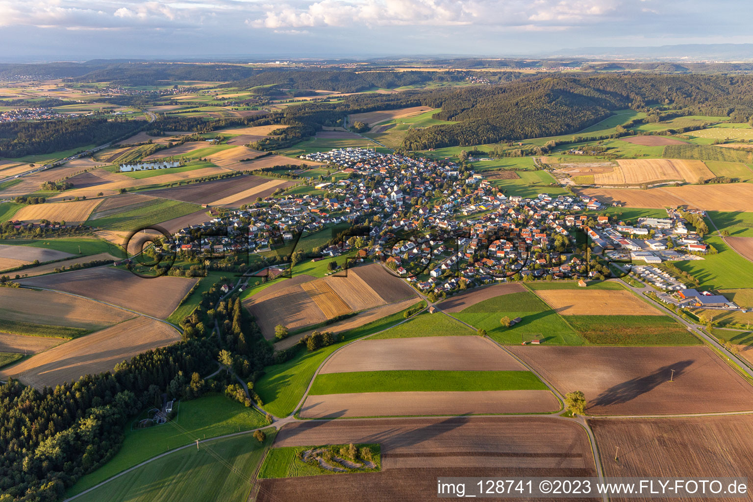Vue aérienne de Vue sur la commune en bordure de champs agricoles et de zones agricoles à Dietingen dans le département Bade-Wurtemberg, Allemagne