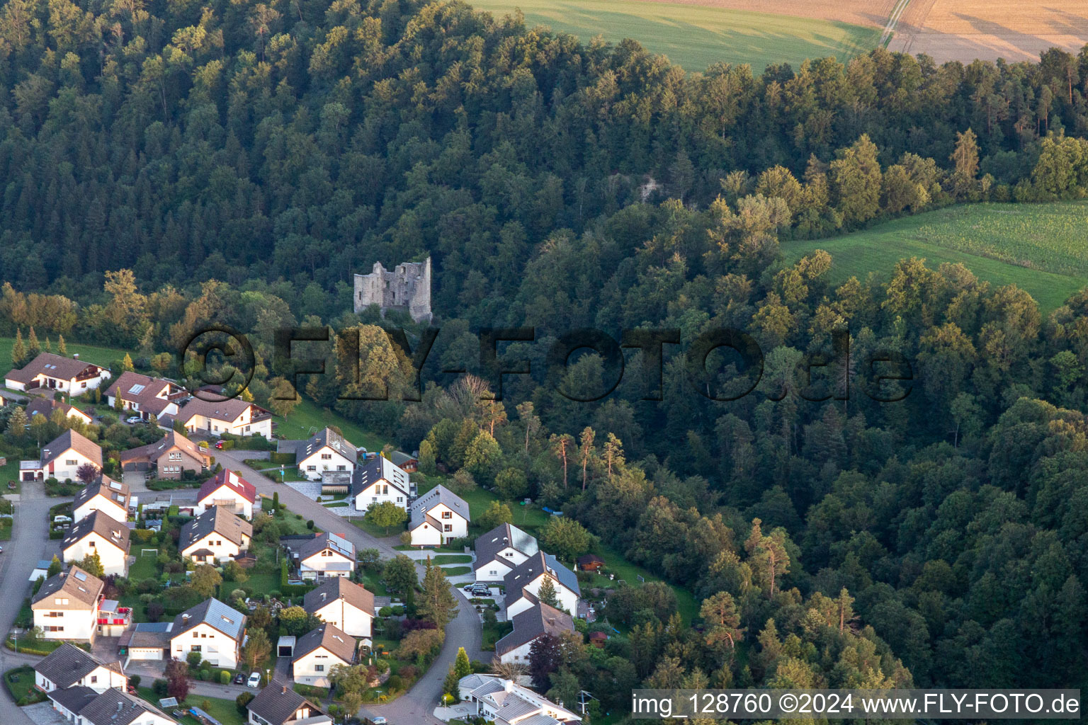 Vue aérienne de Ruines du château Herrenzimmern à le quartier Herrenzimmern in Bösingen dans le département Bade-Wurtemberg, Allemagne