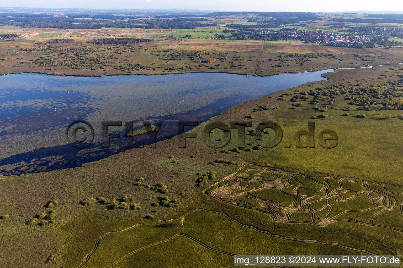 Vue aérienne de Lac Feder à Bad Buchau dans le département Bade-Wurtemberg, Allemagne