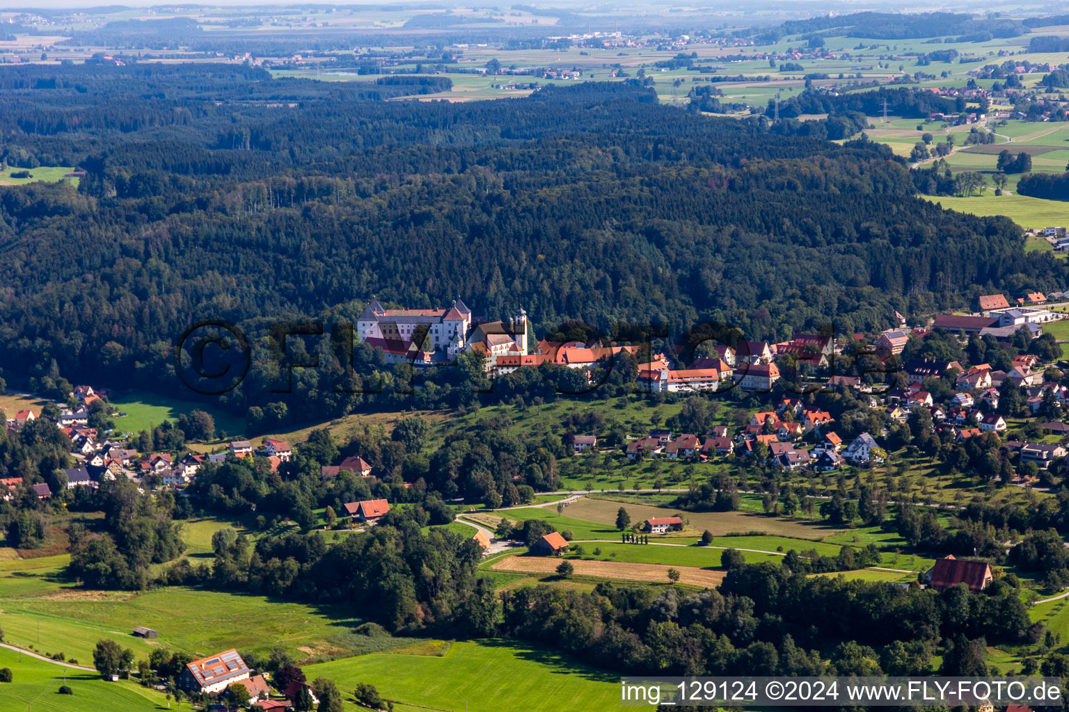 Vue aérienne de Château Renaissance Wolfegg avec église paroissiale et collégiale Sainte-Catherine à le quartier Wassers in Wolfegg dans le département Bade-Wurtemberg, Allemagne