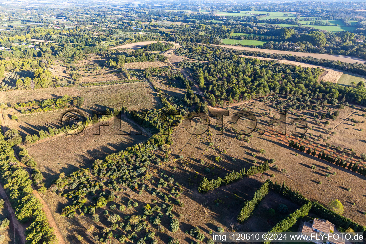 Vue aérienne de La plaine de Crau à le quartier Partie Nord Est in Saint-Rémy-de-Provence dans le département Bouches du Rhône, France