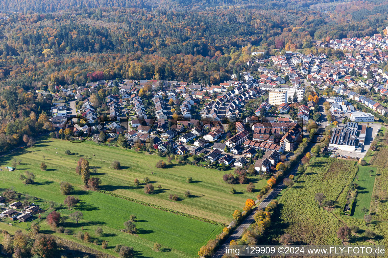 Vue aérienne de Rue Wilhelm Roether à le quartier Langensteinbach in Karlsbad dans le département Bade-Wurtemberg, Allemagne