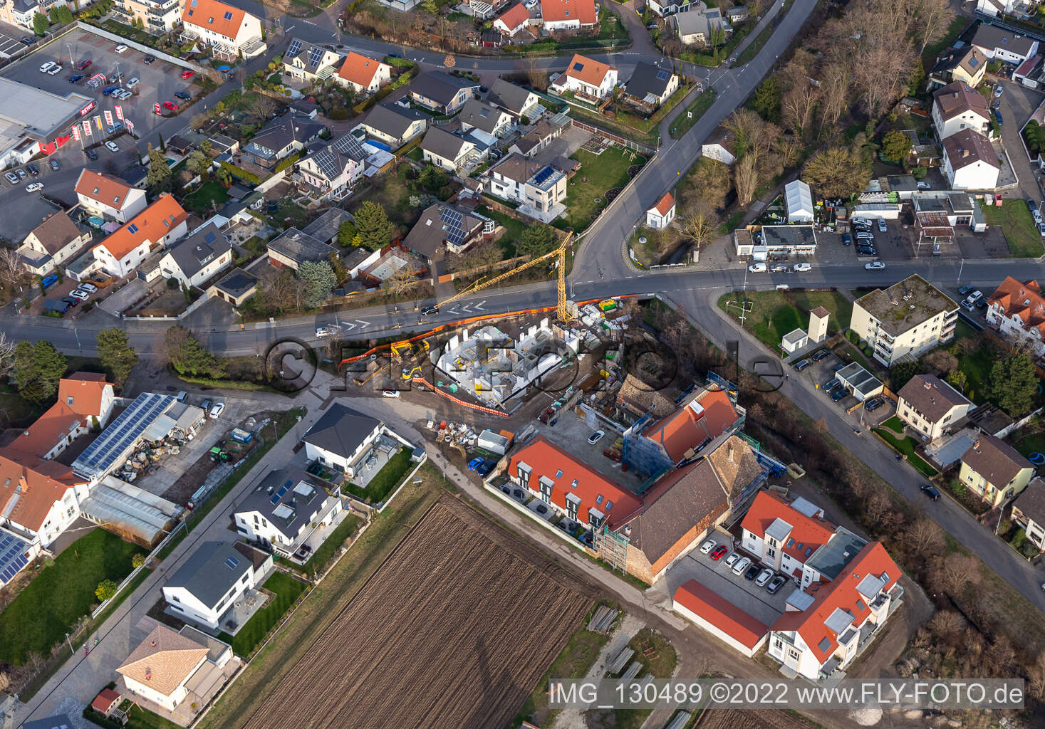Vue aérienne de Chantier de la Mühltorstrasse-Maxdorfer Strasse à Lambsheim dans le département Rhénanie-Palatinat, Allemagne