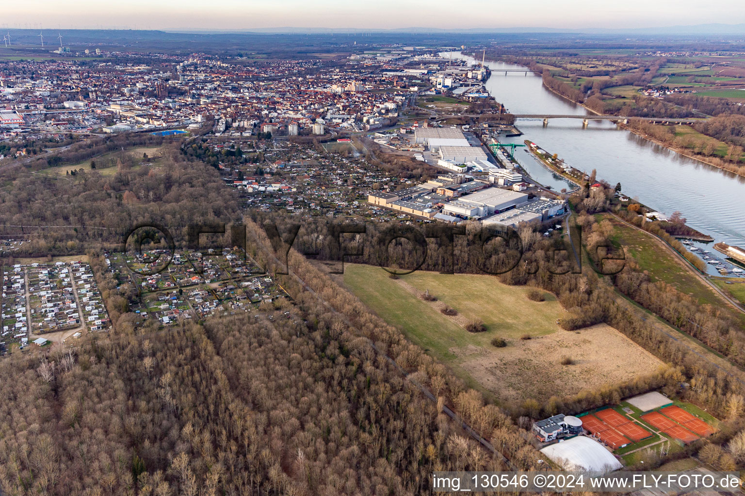 Vue aérienne de Bois derrière le club de tennis de Bürgerweide à Worms dans le département Rhénanie-Palatinat, Allemagne