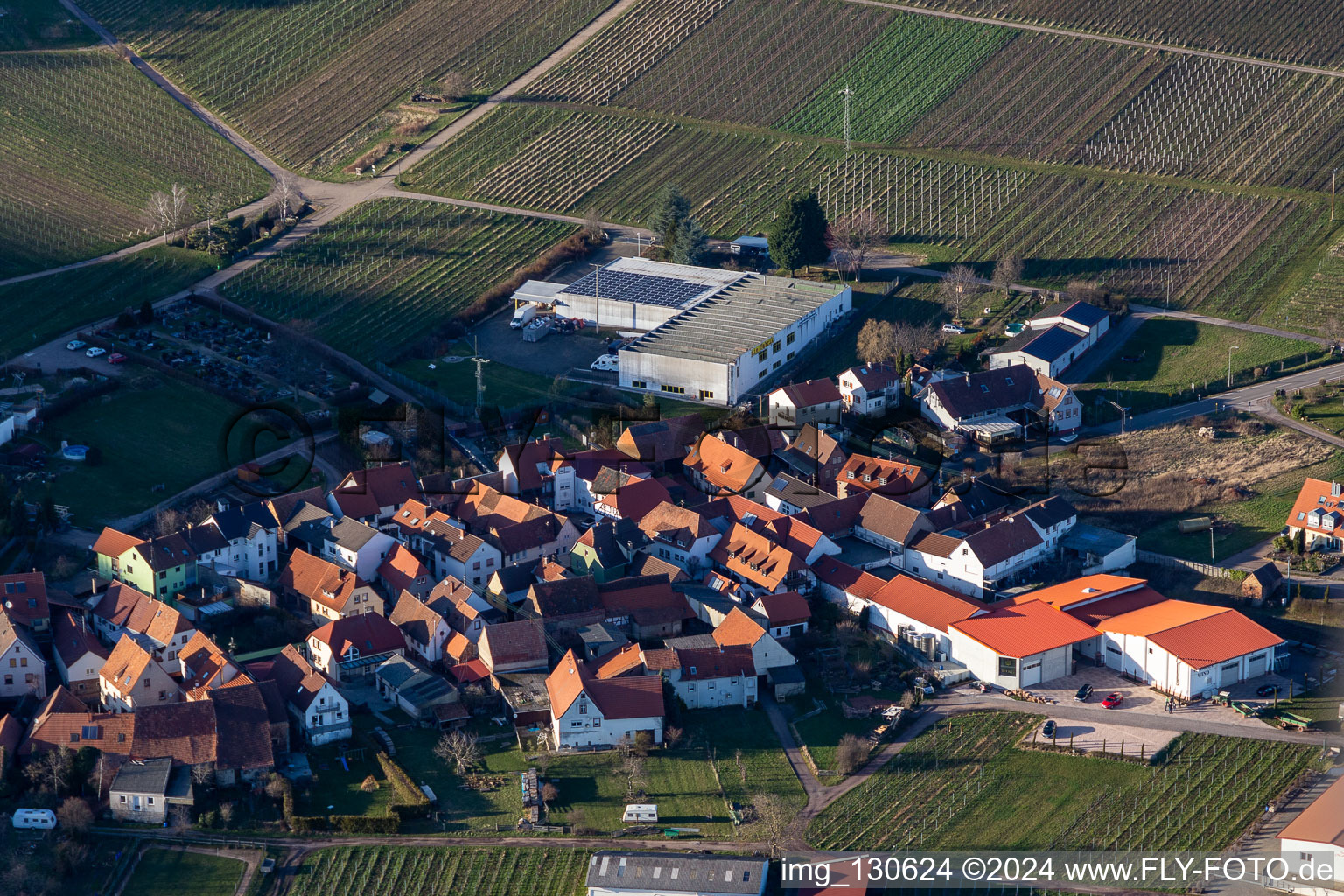 Vue aérienne de Domaine viticole Ehrhart à Göcklingen dans le département Rhénanie-Palatinat, Allemagne