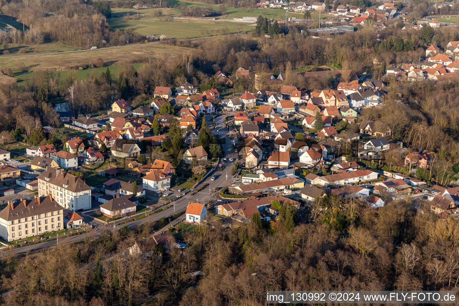 Vue aérienne de Rue de la Première Armée à Lauterbourg dans le département Bas Rhin, France