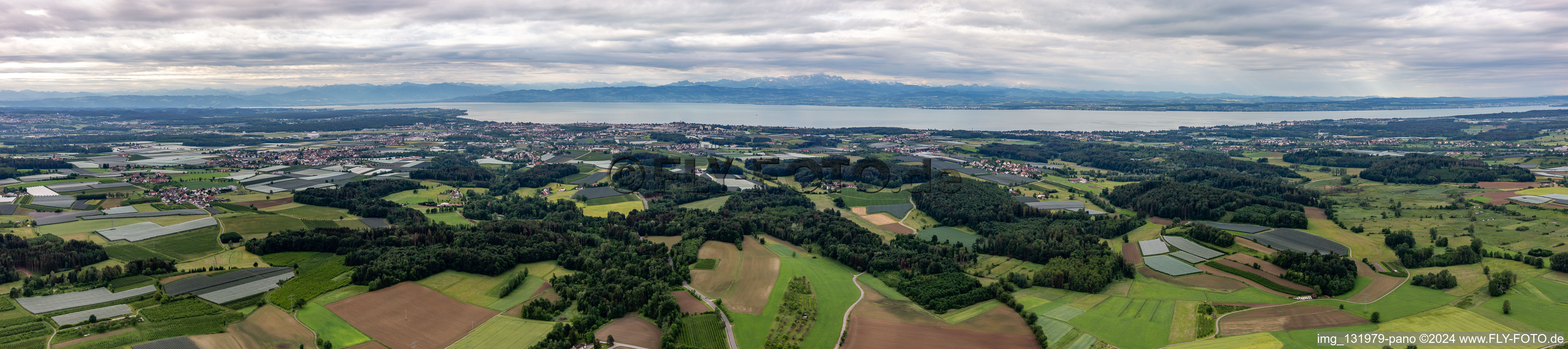 Vue aérienne de Panorama du lac de Constance depuis Immenstaad via Friedrichshafen jusqu'à Langenargen à Friedrichshafen dans le département Bade-Wurtemberg, Allemagne