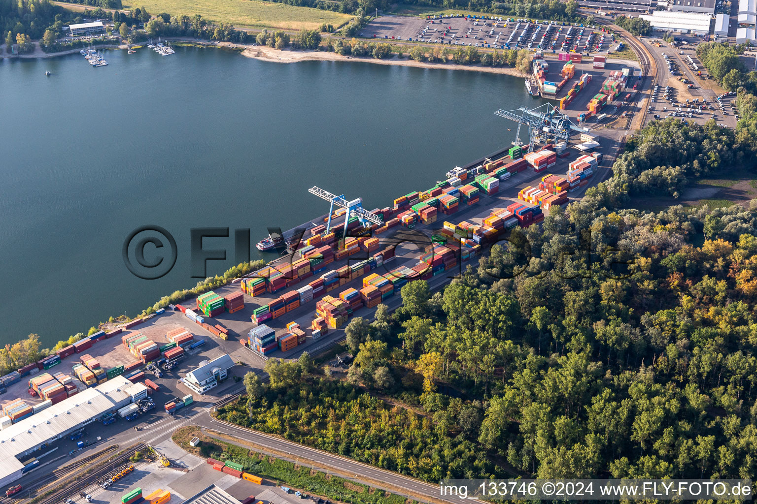 Vue aérienne de Contargo Wörth-Karlsruhe GmbH dans le port à conteneurs à le quartier Maximiliansau in Wörth am Rhein dans le département Rhénanie-Palatinat, Allemagne