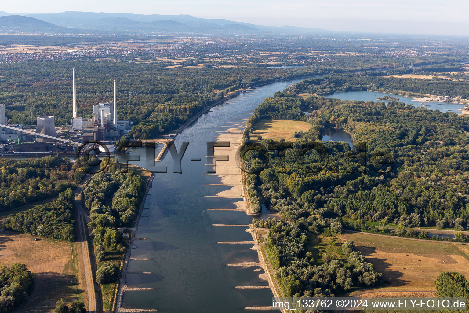 Vue aérienne de Épis et bancs de sable du Rhin asséchés en raison de l'étiage à Maximiliansau à le quartier Maximiliansau in Wörth am Rhein dans le département Rhénanie-Palatinat, Allemagne