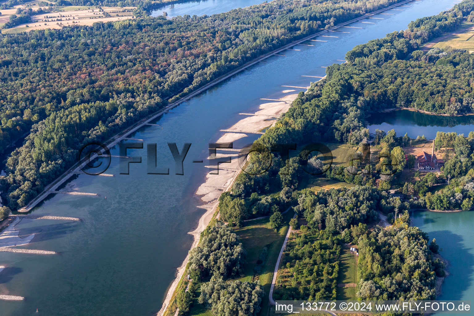 Vue aérienne de Épis et bancs de sable asséchés dans le Rhin en raison des basses eaux à le quartier Neuburg in Neuburg am Rhein dans le département Rhénanie-Palatinat, Allemagne