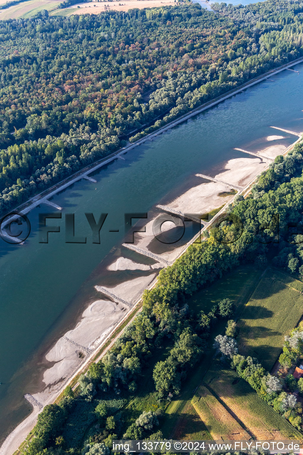 Vue aérienne de Épis et bancs de sable asséchés dans le Rhin en raison des basses eaux à Hagenbach dans le département Rhénanie-Palatinat, Allemagne