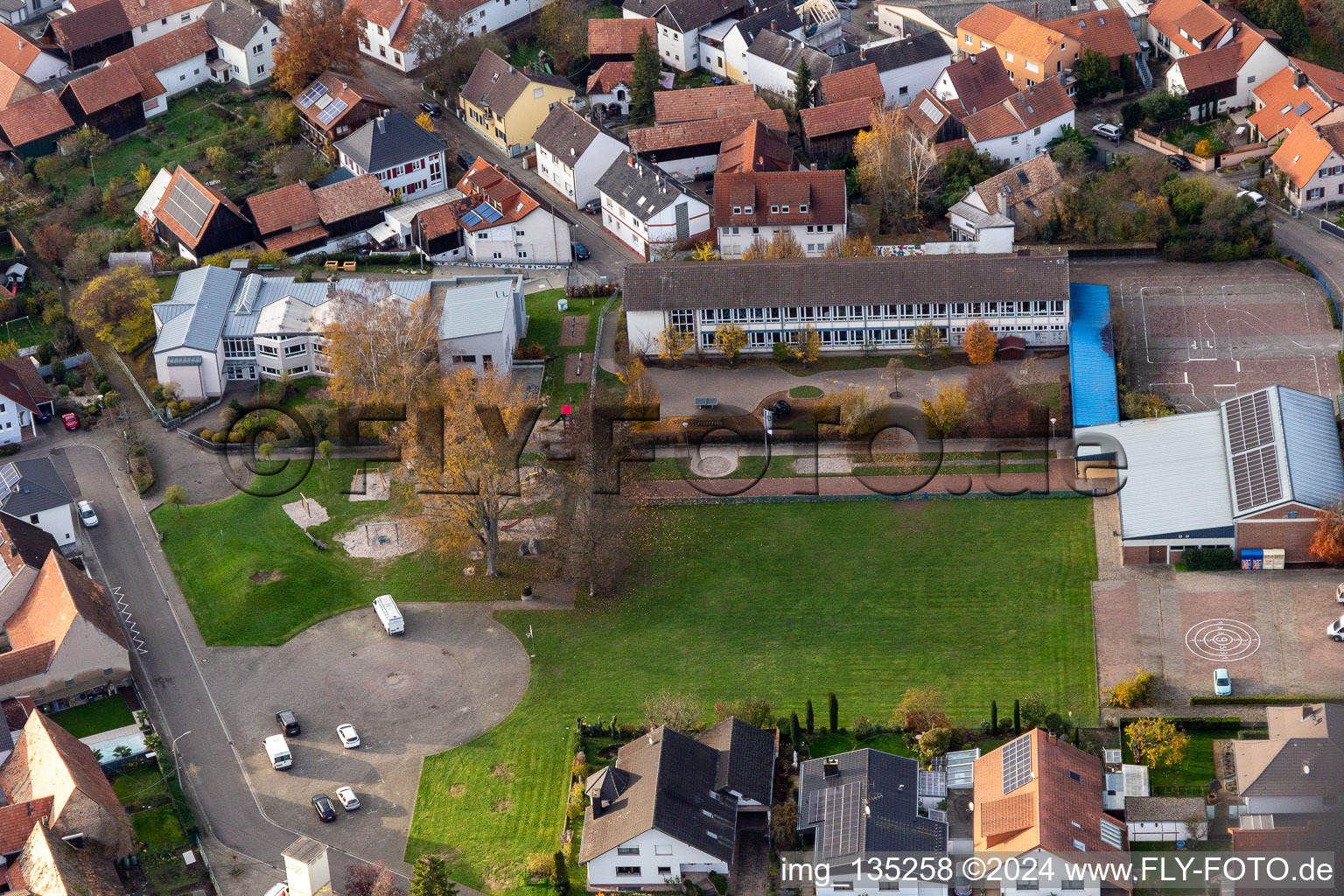 Vue aérienne de École primaire à Neupotz dans le département Rhénanie-Palatinat, Allemagne