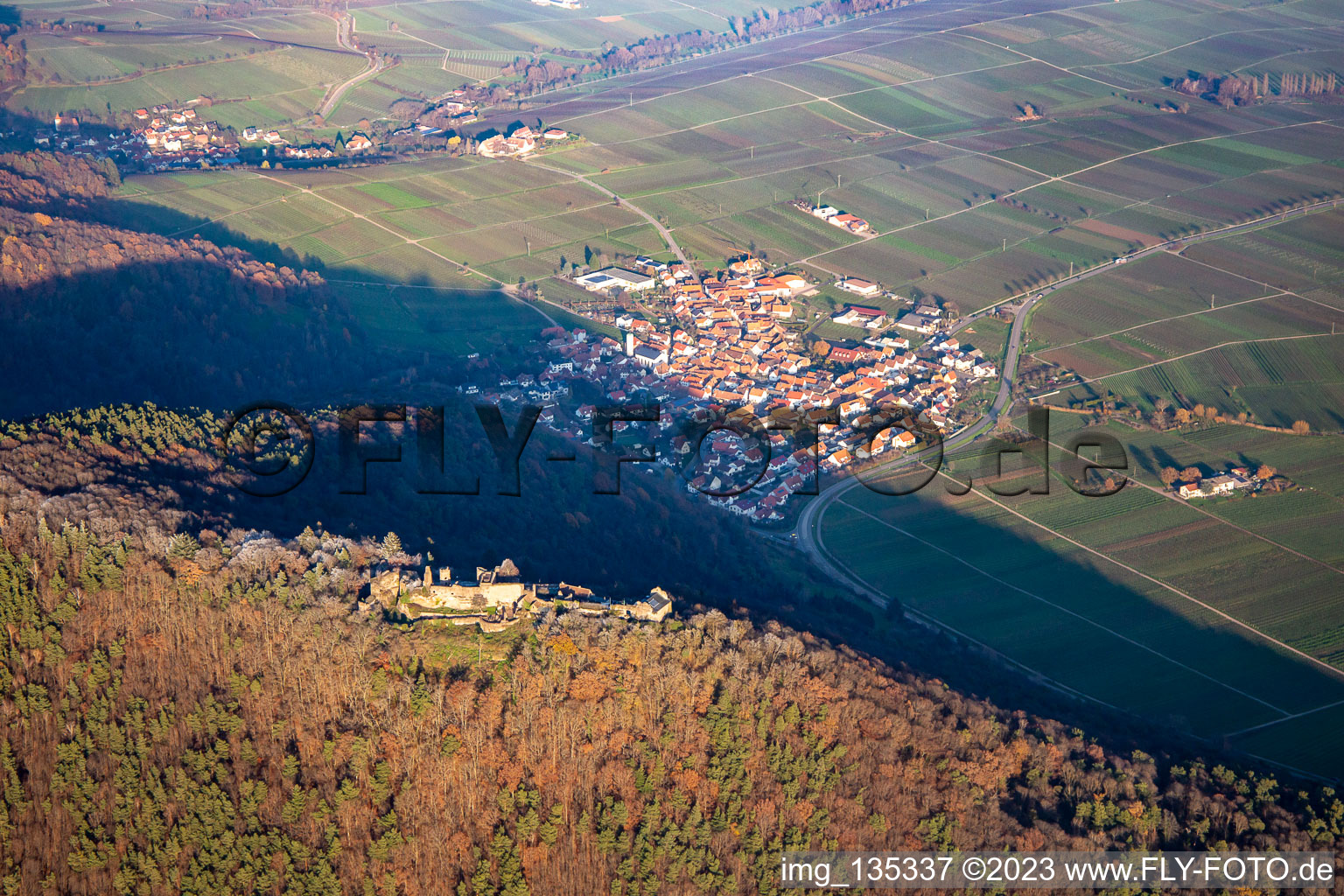 Vue aérienne de Madenburg du sud-ouest à Eschbach dans le département Rhénanie-Palatinat, Allemagne