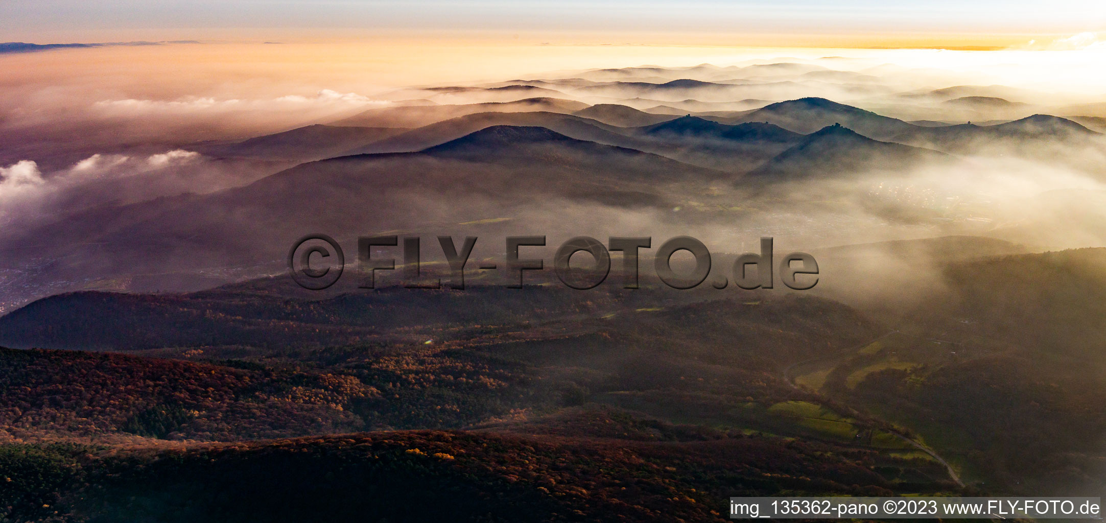 Vue aérienne de Panorama de la forêt du Palatinat Dans la brume sur le Queichtal à le quartier Queichhambach in Annweiler am Trifels dans le département Rhénanie-Palatinat, Allemagne